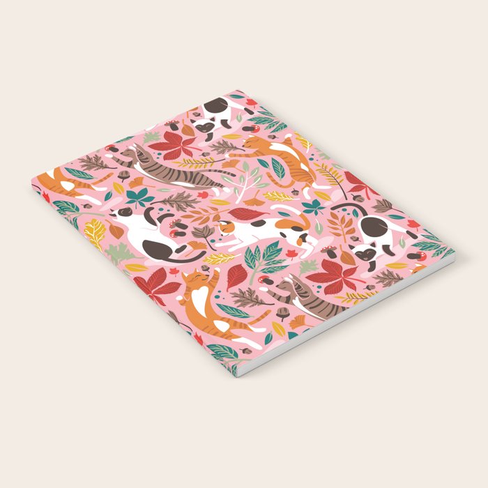 Autumn joy // light pink background cats dancing with many leaves in fall colors Notebook Gallery Image 2