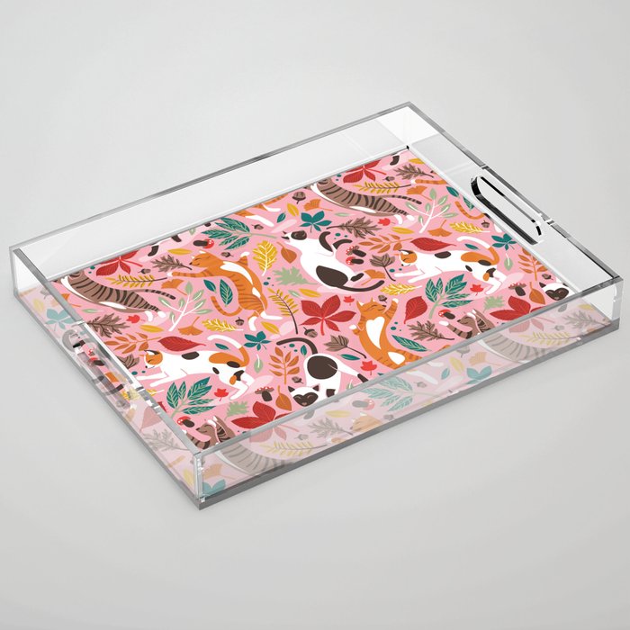Autumn joy // light pink background cats dancing with many leaves in fall colors Acrylic Tray Gallery Image 1