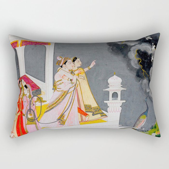 Lovers Watching an Approaching Thunderstorm, Indian Miniature Painting  Rectangular Pillow Gallery Image 2