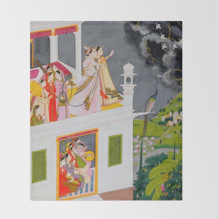 Lovers Watching an Approaching Thunderstorm, Indian Miniature Painting  Throw Blanket Gallery Image 2