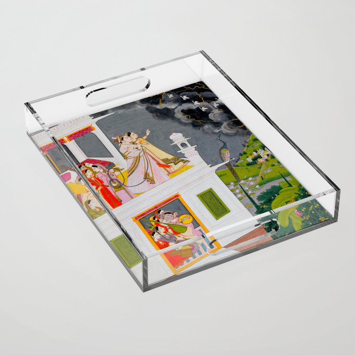 Lovers Watching an Approaching Thunderstorm, Indian Miniature Painting  Acrylic Tray Gallery Image 1