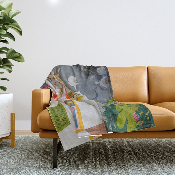 Lovers Watching an Approaching Thunderstorm, Indian Miniature Painting  Throw Blanket Gallery Image 1