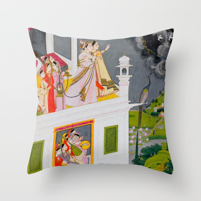 Lovers Watching an Approaching Thunderstorm, Indian Miniature Painting  Throw Pillow Gallery Image 6