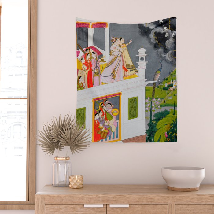 Lovers Watching an Approaching Thunderstorm, Indian Miniature Painting  Wall Tapestry Gallery Image 2