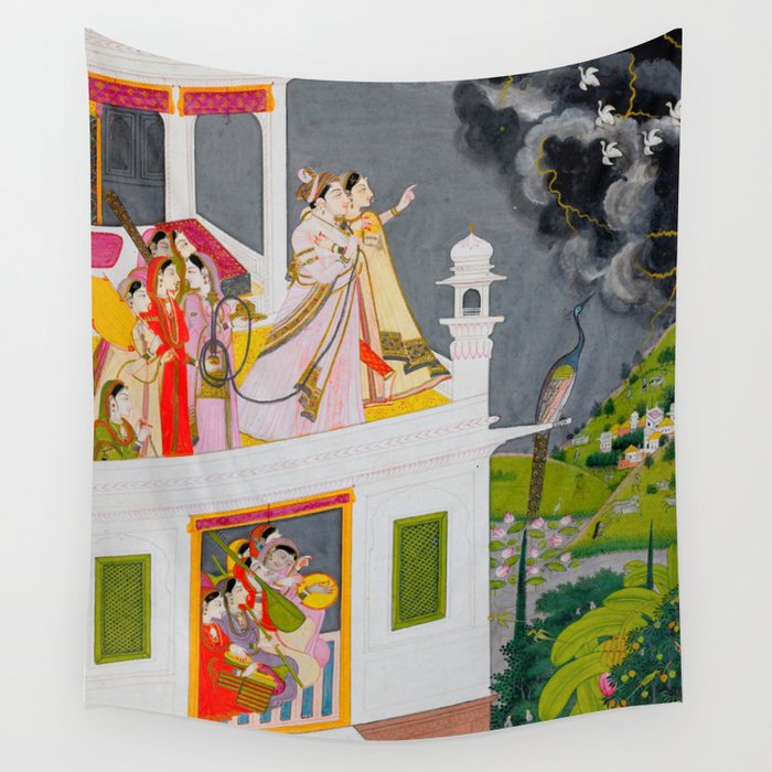 Lovers Watching an Approaching Thunderstorm, Indian Miniature Painting  Wall Tapestry Gallery Image 4