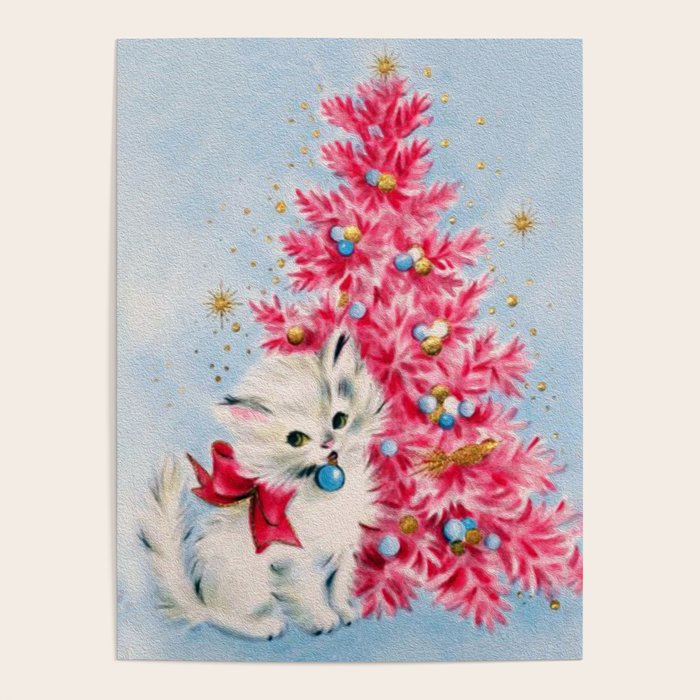 Retro Christmas, Vintage Christmas Kitten Poster Gallery Image 1
