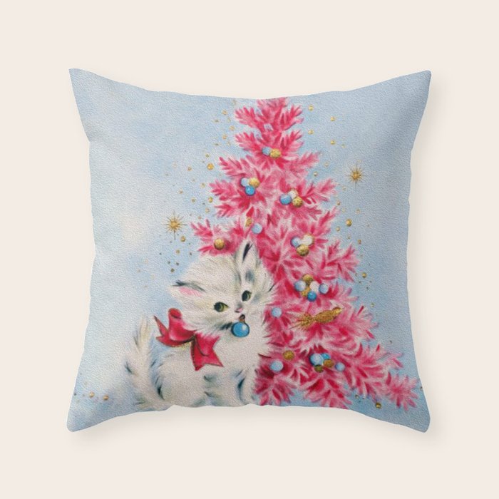 Retro Christmas, Vintage Christmas Kitten Throw Pillow Gallery Image 6