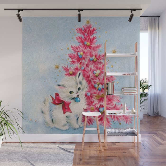Retro Christmas, Vintage Christmas Kitten Wall Mural Gallery Image 1