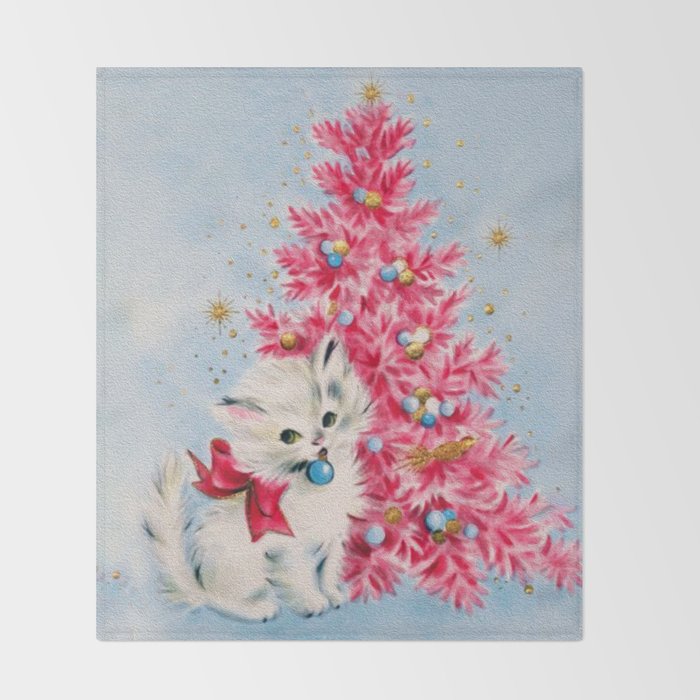 Retro Christmas, Vintage Christmas Kitten Throw Blanket Gallery Image 2