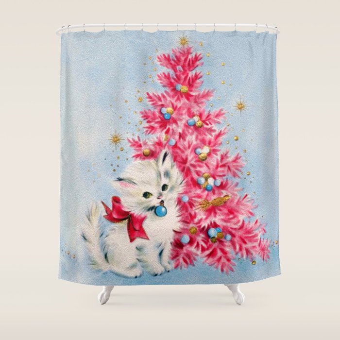 Retro Christmas, Vintage Christmas Kitten Shower Curtain Gallery Image 1