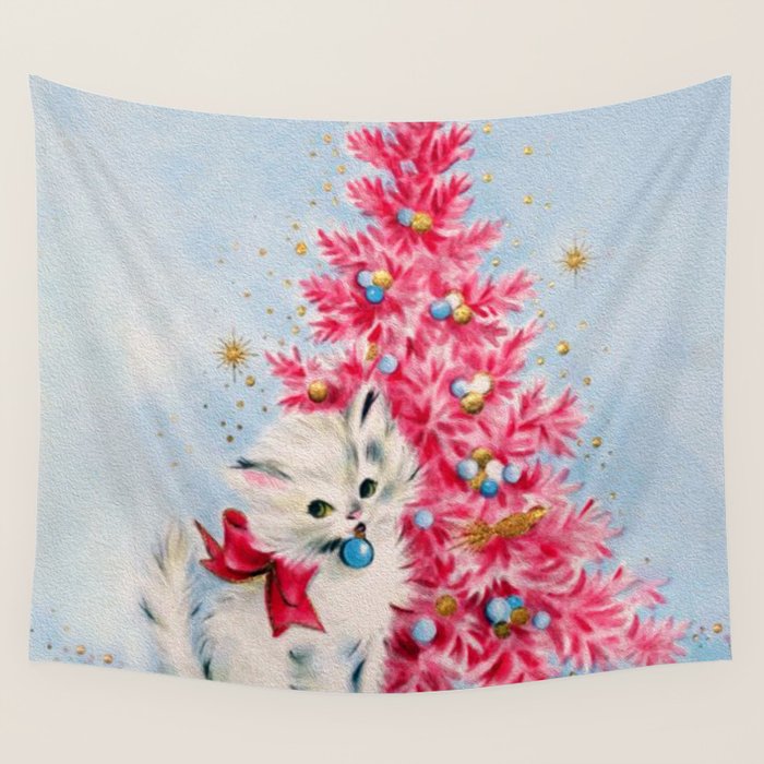 Retro Christmas, Vintage Christmas Kitten Wall Tapestry Gallery Image 4