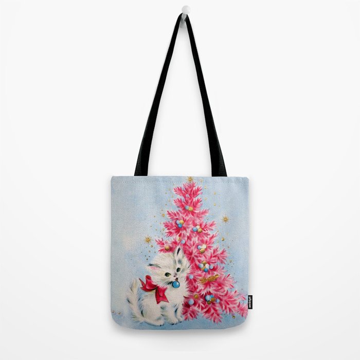 Retro Christmas, Vintage Christmas Kitten Tote Bag Gallery Image 2