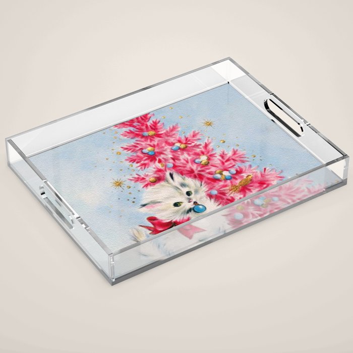 Retro Christmas, Vintage Christmas Kitten Acrylic Tray Gallery Image 1