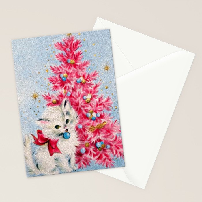 Retro Christmas, Vintage Christmas Kitten Stationery Card Gallery Image 2