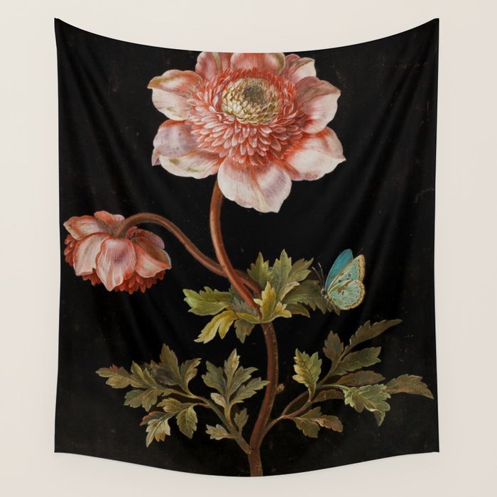 Peonies with a butterfly - Johann Christoph Bayer -1812- Antique Lifelike Botanical Nature Painting Wall Tapestry Gallery Image 4