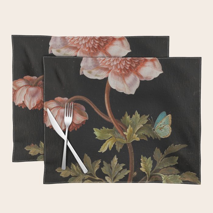 Peonies with a butterfly - Johann Christoph Bayer -1812- Antique Lifelike Botanical Nature Painting Placemat Gallery Image 1