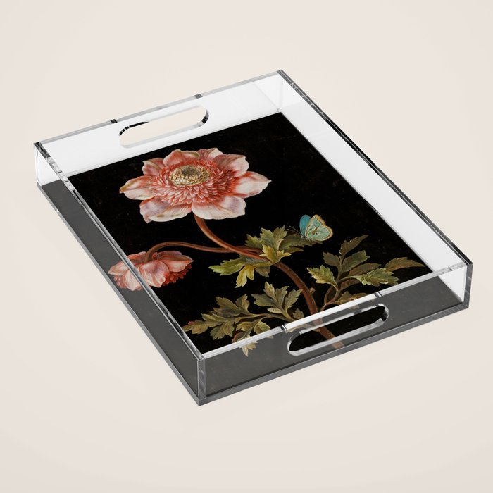 Peonies with a butterfly - Johann Christoph Bayer -1812- Antique Lifelike Botanical Nature Painting Acrylic Tray Gallery Image 1