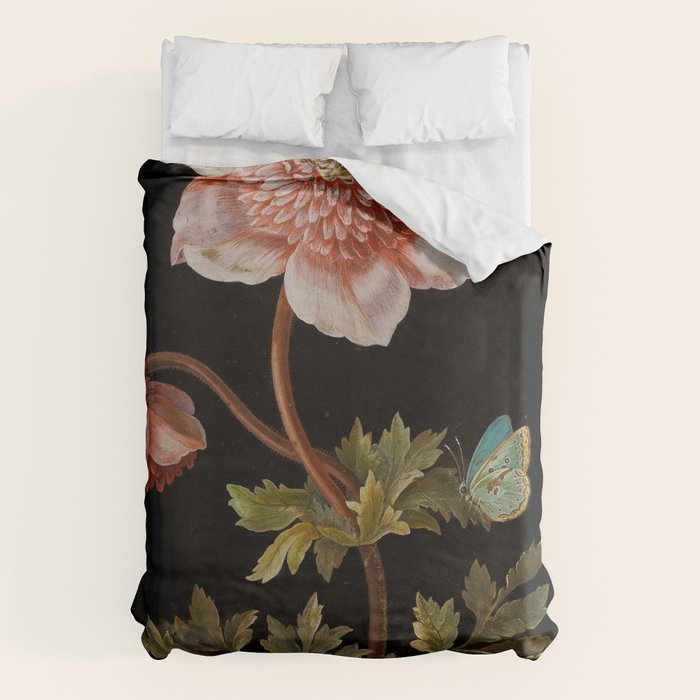 Peonies with a butterfly - Johann Christoph Bayer -1812- Antique Lifelike Botanical Nature Painting Duvet Cover Gallery Image 6