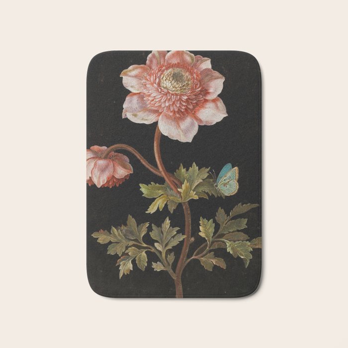 Peonies with a butterfly - Johann Christoph Bayer -1812- Antique Lifelike Botanical Nature Painting Bath Mat Gallery Image 1