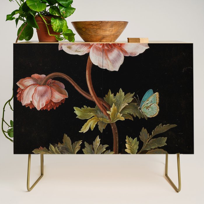 Peonies with a butterfly - Johann Christoph Bayer -1812- Antique Lifelike Botanical Nature Painting Credenza Gallery Image 1