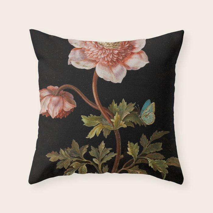 Peonies with a butterfly - Johann Christoph Bayer -1812- Antique Lifelike Botanical Nature Painting Throw Pillow Gallery Image 6