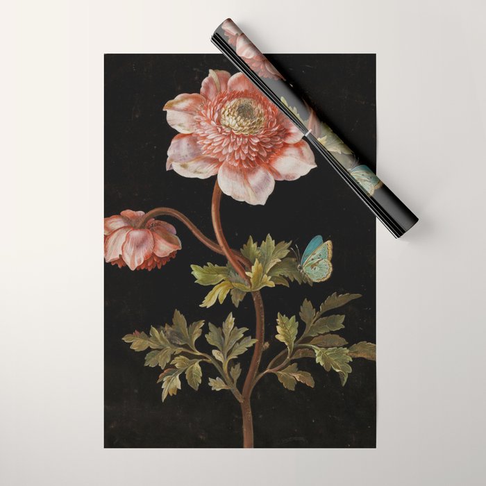 Peonies with a butterfly - Johann Christoph Bayer -1812- Antique Lifelike Botanical Nature Painting Wrapping Paper Gallery Image 1