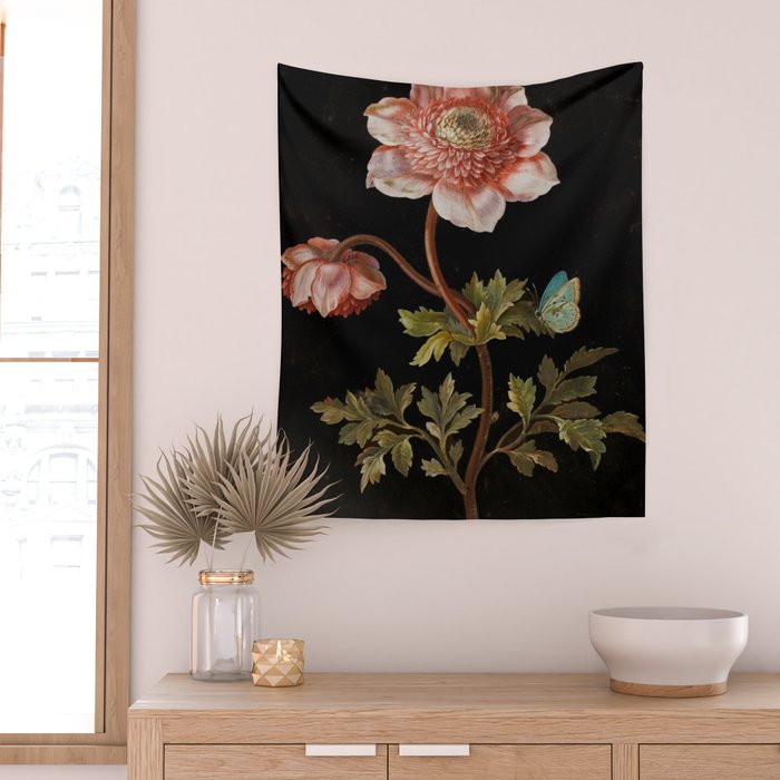 Peonies with a butterfly - Johann Christoph Bayer -1812- Antique Lifelike Botanical Nature Painting Wall Tapestry Gallery Image 2