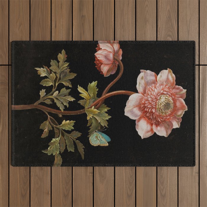 Peonies with a butterfly - Johann Christoph Bayer -1812- Antique Lifelike Botanical Nature Painting Outdoor Rug Gallery Image 1