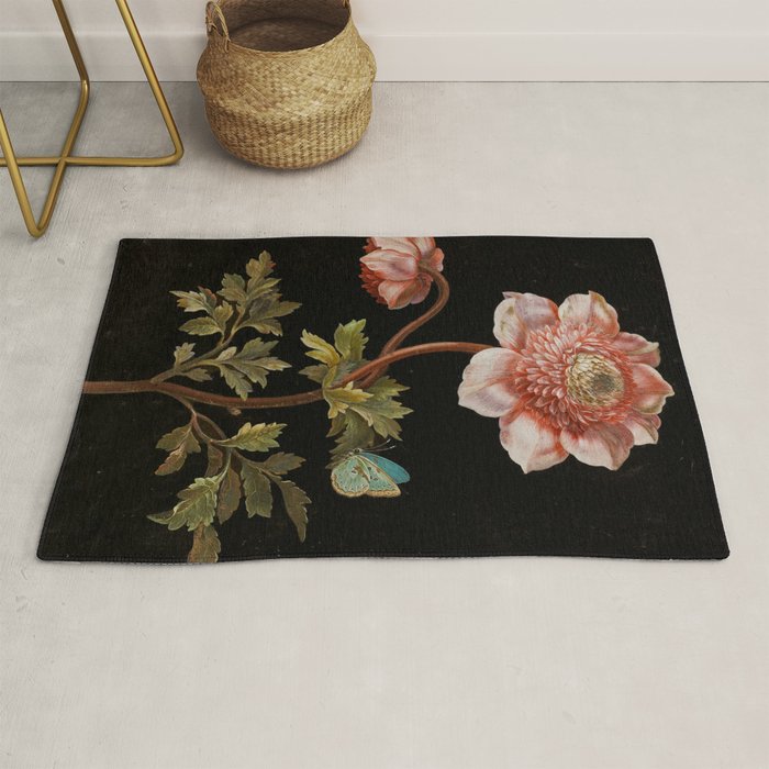 Peonies with a butterfly - Johann Christoph Bayer -1812- Antique Lifelike Botanical Nature Painting Rug Gallery Image 1