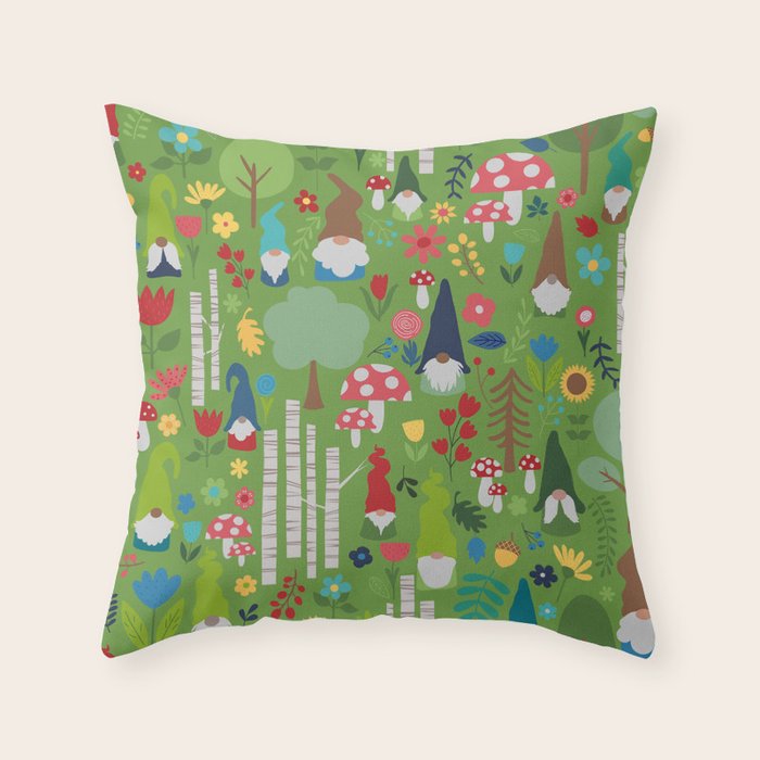 Gnomes In the Garden Green Throw Pillow Gallery Image 6