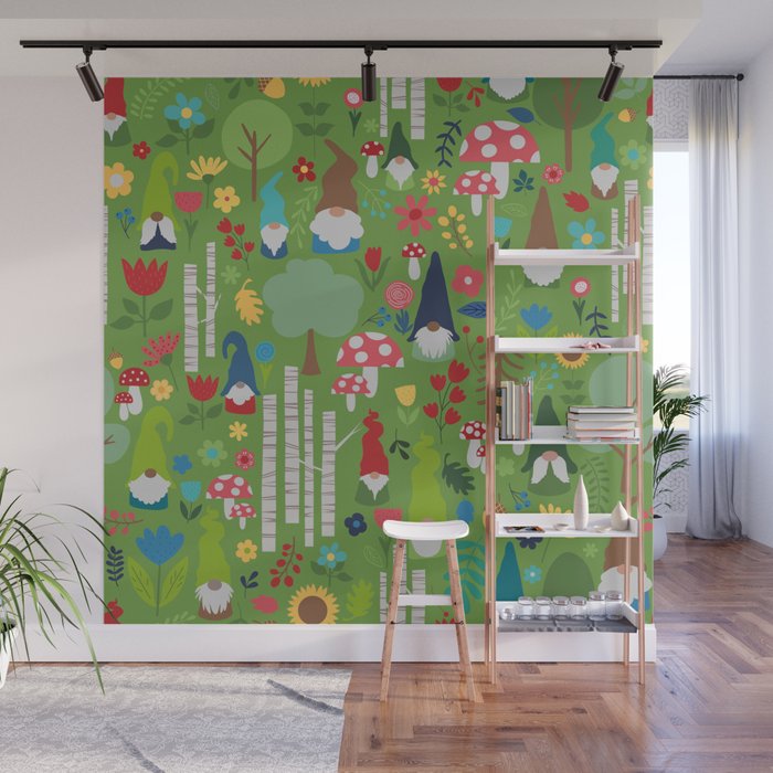 Gnomes In the Garden Green Wall Mural Gallery Image 1