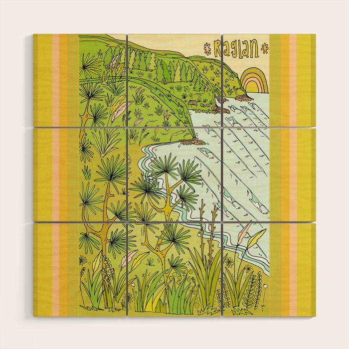 beach lookout of paradise in raglan new zealand // retro surf art by surfy birdy Wood Wall Art Gallery Image 1