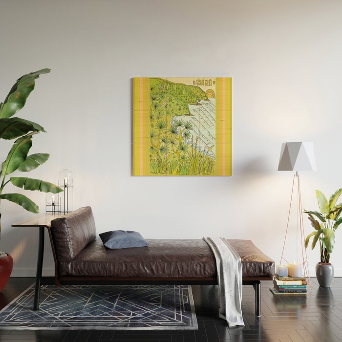 beach lookout of paradise in raglan new zealand // retro surf art by surfy birdy Wood Wall Art Gallery Image 2