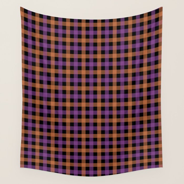 Halloween Gingham Check Pattern Purple Orange Black  Wall Tapestry Gallery Image 1