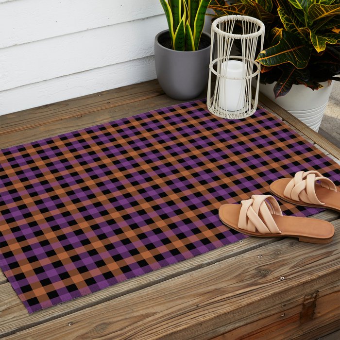 Halloween Gingham Check Pattern Purple Orange Black  Outdoor Rug Gallery Image 2