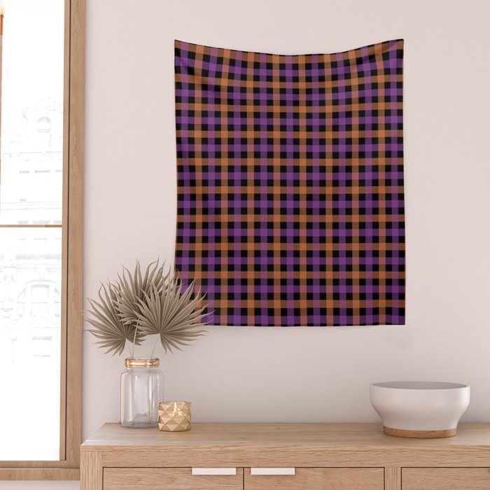 Halloween Gingham Check Pattern Purple Orange Black  Wall Tapestry Gallery Image 2