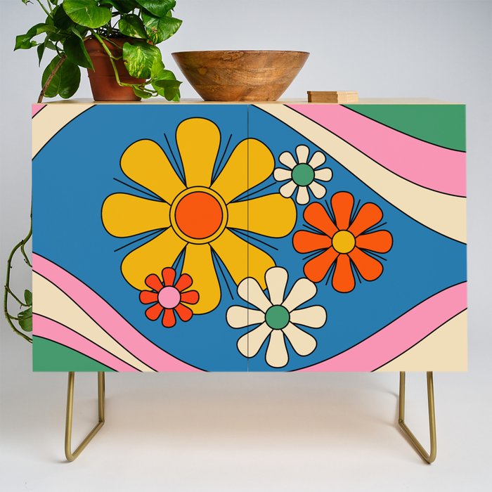 Groovy Colorful Retro Floral Daydream 60s 70s Flower Abstract Credenza Gallery Image 1