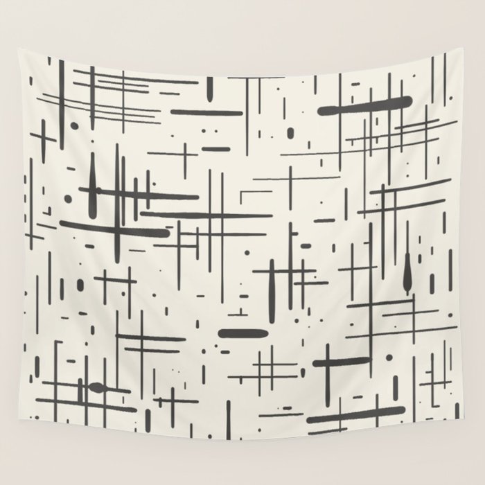 Mid-Century Modern Kinetikos Pattern in Charcoal Gray and Cream Wall Tapestry Gallery Image 4