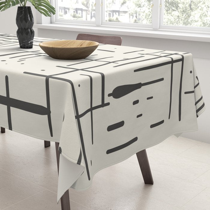 Mid-Century Modern Kinetikos Pattern in Charcoal Gray and Cream Tablecloth Gallery Image 3