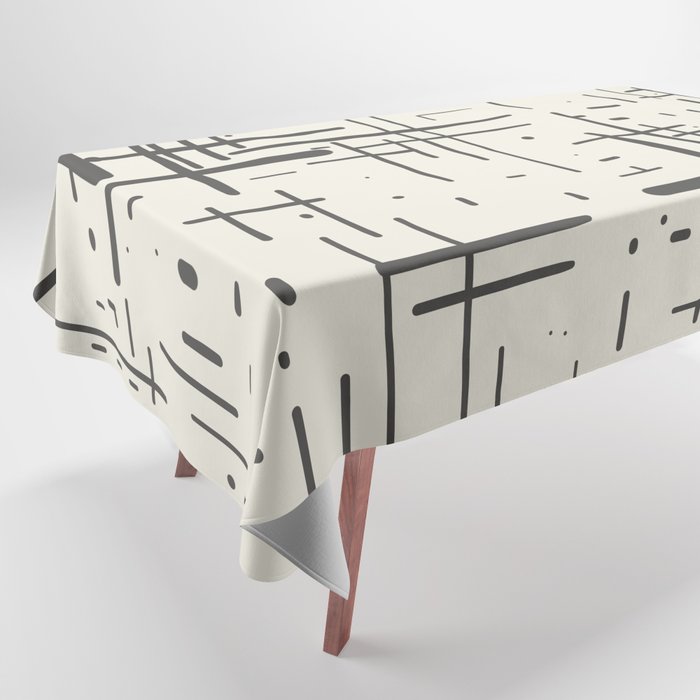 Mid-Century Modern Kinetikos Pattern in Charcoal Gray and Cream Tablecloth Gallery Image 1