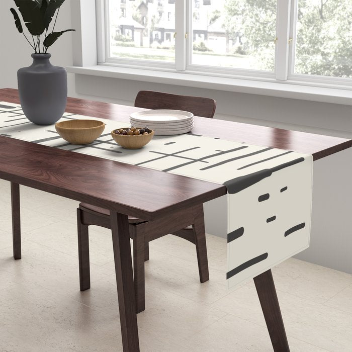 Mid-Century Modern Kinetikos Pattern in Charcoal Gray and Cream Table Runner Gallery Image 2