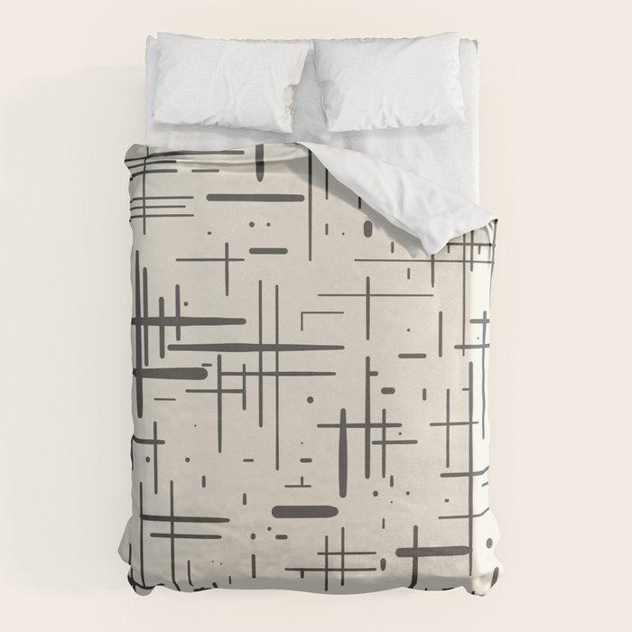 Mid-Century Modern Kinetikos Pattern in Charcoal Gray and Cream Duvet Cover Gallery Image 1