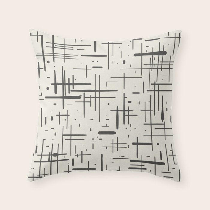 Mid-Century Modern Kinetikos Pattern in Charcoal Gray and Cream Throw Pillow Gallery Image 1