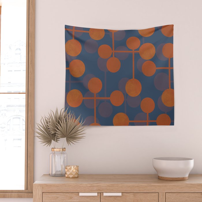 blue and orange midcentury dots pattern Wall Tapestry Gallery Image 2