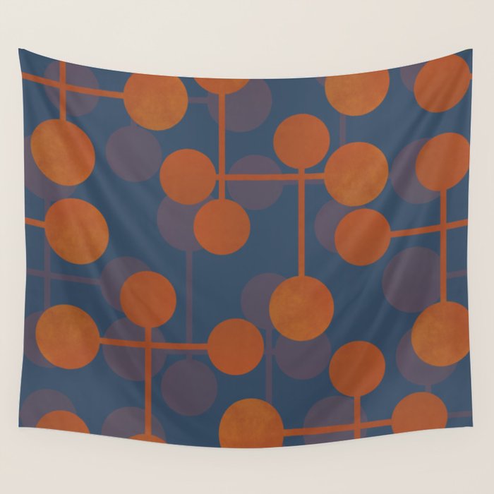 blue and orange midcentury dots pattern Wall Tapestry Gallery Image 4