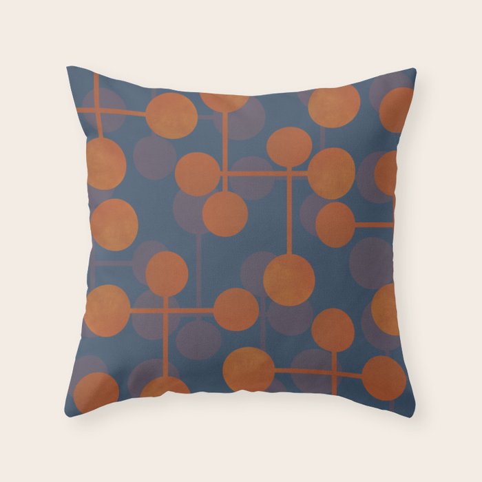 blue and orange midcentury dots pattern Throw Pillow Gallery Image 1