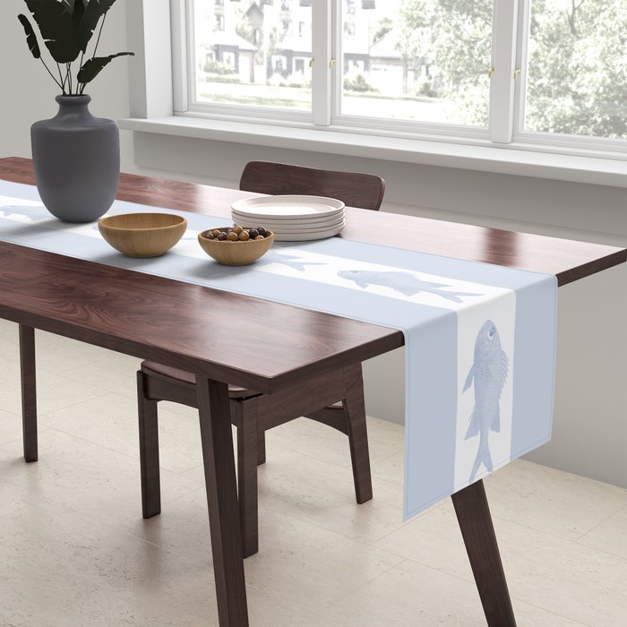Coastal Fish Stripes Nostalgic Pattern in Light Blue and White Table Runner Gallery Image 2
