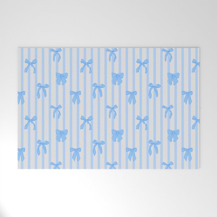 Elegant Blue Bows and Stripes Pattern Welcome Mat Gallery Image 1
