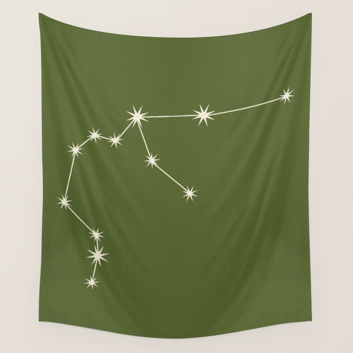 Aquarius Zodiac Star Constellation Line Art Olive Green Wall Tapestry Gallery Image 1