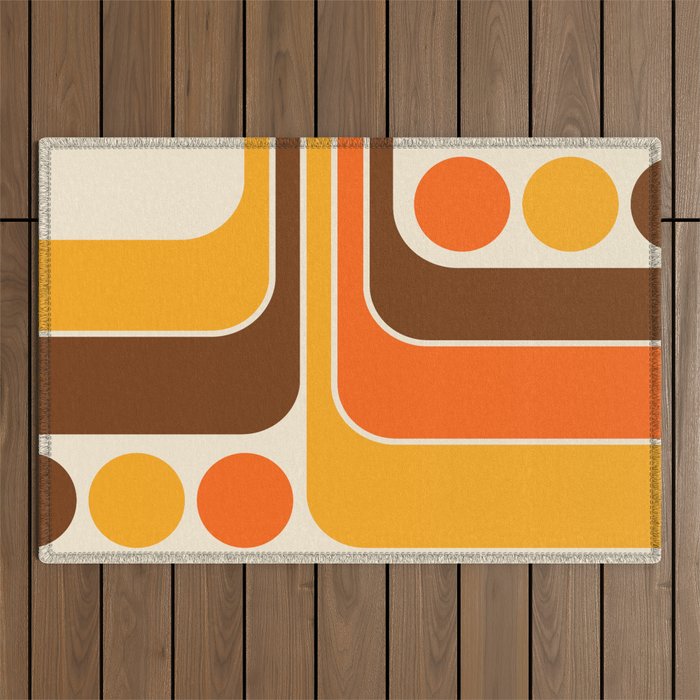 Retro 70s Style Geometric Design 664 Autumn Orange Yellow and Brown Outdoor Rug Gallery Image 1